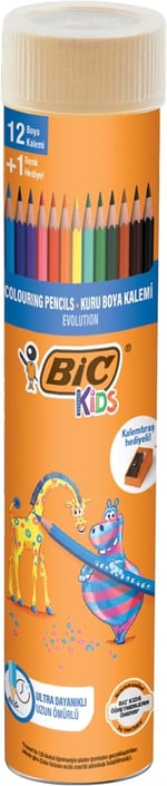 BIC Kids Evolution Kuru Boya Kalemi 12'li Metal Tüp, Kıymık Oluşturmaz, Çiğnemeye Karşı Dayanıklı, Kolay Açılır