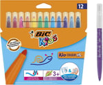 BIC Kids Kid Couleur XL Keçeli Kalem, 12 Yıkanabilir Renkte, Kalın Uçlu, Karton Kutuda, 3 Yaşından İtibaren