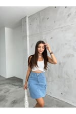BİKELİFE Kadın Kargo Cep Detaylı Yüksek Bel Mini Denim Etek-1
