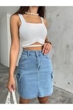 BİKELİFE Kadın Kargo Cep Detaylı Yüksek Bel Mini Denim Etek-1
