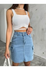BİKELİFE Kadın Kargo Cep Detaylı Yüksek Bel Mini Denim Etek-1