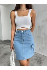 BİKELİFE Kadın Kargo Cep Detaylı Yüksek Bel Mini Denim Etek-1
