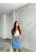 BİKELİFE Kadın Kargo Cep Detaylı Yüksek Bel Mini Denim Etek-1