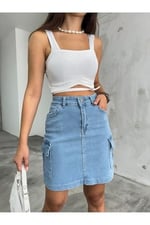 BİKELİFE Kadın Kargo Cep Detaylı Yüksek Bel Mini Denim Etek-1