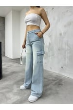 BİKELİFE Kadın Soluk Efekt Vintage Yüksek Bel Wide Leg Kargo Pantolon-1