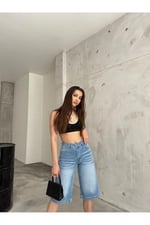 BİKELİFE Kadın Yüksek Bel Diz Altı Baggy Bermuda Şort Denim-1