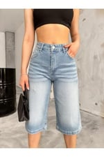 BİKELİFE Kadın Yüksek Bel Diz Altı Baggy Bermuda Şort Denim-1