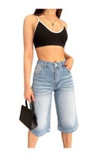 BİKELİFE Kadın Yüksek Bel Diz Altı Baggy Bermuda Şort Denim-1