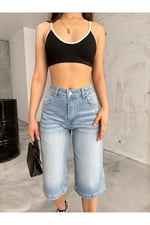 BİKELİFE Kadın Yüksek Bel Diz Altı Baggy Bermuda Şort Denim-1