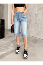BİKELİFE Kadın Yüksek Bel Diz Altı Baggy Bermuda Şort Denim-1