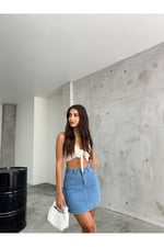 BİKELİFE Kadın Yüksek Bel Mini Kot Denim Etek-1