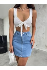 BİKELİFE Kadın Yüksek Bel Mini Kot Denim Etek-1