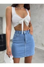 BİKELİFE Kadın Yüksek Bel Mini Kot Denim Etek-1