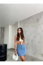 BİKELİFE Kadın Yüksek Bel Mini Kot Denim Etek-1