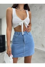 BİKELİFE Kadın Yüksek Bel Mini Kot Denim Etek-1