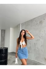 BİKELİFE Kadın Yüksek Bel Mini Kot Denim Etek-1