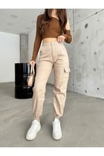 BİKELİFE Kahve Kargo Cepli Gabardin Kumaş Pantolon-1