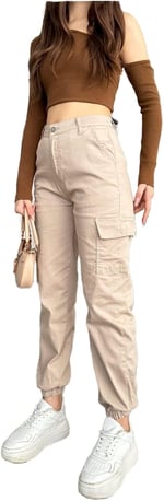BİKELİFE Kahve Kargo Cepli Gabardin Kumaş Pantolon-1