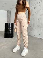 BİKELİFE Kahve Kargo Cepli Gabardin Kumaş Pantolon-1