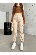 BİKELİFE Kahve Kargo Cepli Gabardin Kumaş Pantolon-1