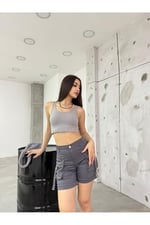 BİKELİFE Taş Kargo Cepli Yüksek Bel Esnek Denim Şort-1