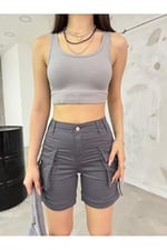 BİKELİFE Taş Kargo Cepli Yüksek Bel Esnek Denim Şort-1