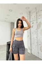 BİKELİFE Taş Kargo Cepli Yüksek Bel Esnek Denim Şort-1