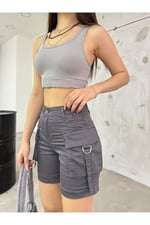 BİKELİFE Taş Kargo Cepli Yüksek Bel Esnek Denim Şort-1