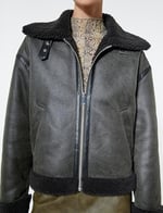 Biker Ceket Suni Deri Peluş Detaylı Fermuarlı Cepli