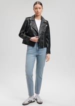 Biker Yaka Siya Suni Deri Ceket Fitted/Vücuda Oturan Kesim 1110221-900
