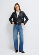 Biker Yaka Siya Suni Deri Ceket Fitted/Vücuda Oturan Kesim 1110221-900