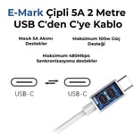 Bix BXUC65FTA 65W PD Typ-C Girişli Macbook Pro/Air Şarj Cihazı, MacBook Air/Pro 13/14/15/16 İnç Led Göstergeli ve Tüm Type-C Cihazlarıyla Uyumlu 2 Metre Type-C’den Type-C’ye Kablo
