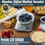 Bluefox Dijital Mutfak Terazisi - Paslanmaz Çelik Yüzeyli Hassas Mutfak Tartısı - Dara İşlevi, LED Ekran, 5 Birim Dönüştürme ve Otomatik Kapanma Özellikli - 5 kg Tartı Kapasitesi
