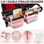 Bob Duallie ve Baby Jogger City Mini Gt2 ile Uyumlu Çift Arabalı Organizatör, Soğutucu Çanta ve Bardak Tutacağı ile Çift Arabası Caddy, Pembe