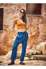 Bohemian Belden Kuşak Bağlamalı Kruvaze Indigo Yoga Şalvar Pantolon İndigo L
