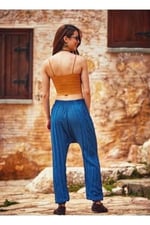 Bohemian Belden Kuşak Bağlamalı Kruvaze Indigo Yoga Şalvar Pantolon İndigo L