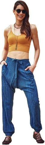 Bohemian Belden Kuşak Bağlamalı Kruvaze Indigo Yoga Şalvar Pantolon İndigo L