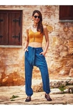 Bohemian Belden Kuşak Bağlamalı Kruvaze Indigo Yoga Şalvar Pantolon İndigo L