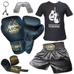 Boks Eldiveni, Leon Kick Boks Şortu, Tişört, Bandaj, Dişlik Seti Siyah (Siyah, M)