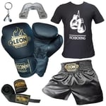 Boks Eldiveni, Leon Kick Boks Şortu, Tişört, Bandaj, Dişlik Seti Siyah (Siyah, M)