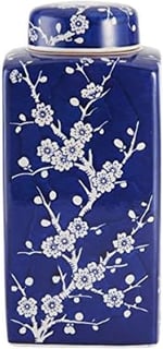 Bombay Kiraz Çiçeği Kapaklı Seramik Kavanoz, 13 cm x 30 cm, Mavi/Beyaz