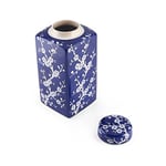 Bombay Kiraz Çiçeği Kapaklı Seramik Kavanoz, 13 cm x 30 cm, Mavi/Beyaz