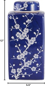 Bombay Kiraz Çiçeği Kapaklı Seramik Kavanoz, 13 cm x 30 cm, Mavi/Beyaz