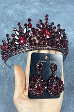 Bordo Adela Parlak Taşlı Kına Gelin Tacı Ve Damla Taşlı Küpe Takımı