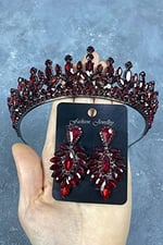 Bordo Catherine Taşlı Kına Gelin Tacı Ve İnce Mekikli Küpe Takımı