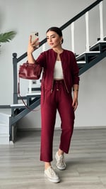 Bordo Fermuarlı Ceket-Pantolon Tensl Kumaş Takım