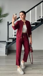 Bordo Fermuarlı Ceket-Pantolon Tensl Kumaş Takım