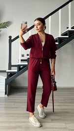 Bordo Fermuarlı Ceket-Pantolon Tensl Kumaş Takım