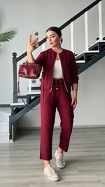 Bordo Fermuarlı Ceket-Pantolon Tensl Kumaş Takım