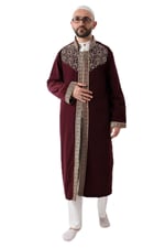 Bordo Hakim Yaka Erkek Namaz Elbisesi Şerit Nakış İşlemeli İmam Cübbesi